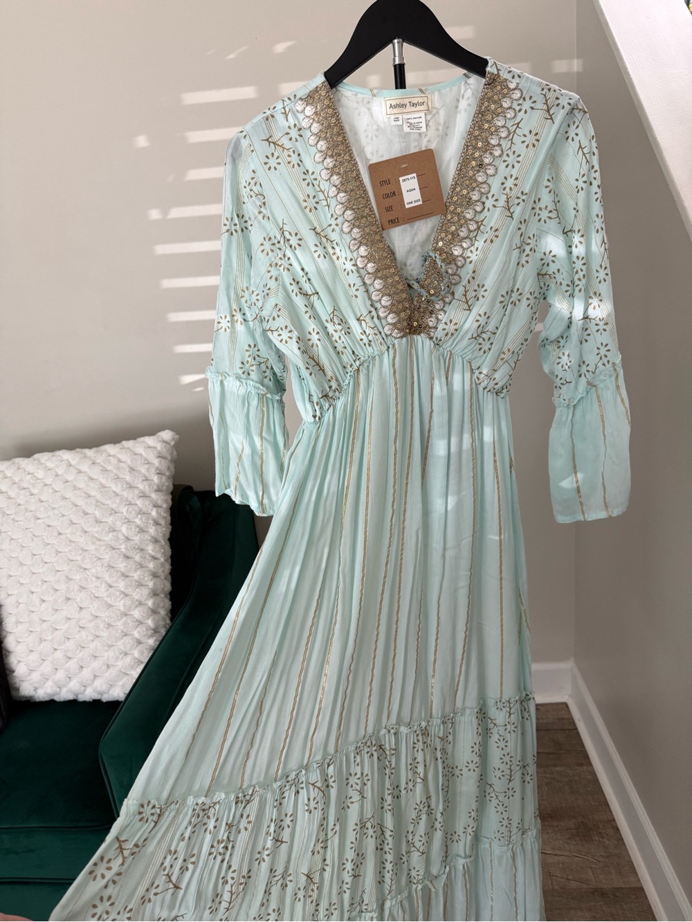 Ashley Taylor Light Mint Maxi Dress with Gold Embroidery